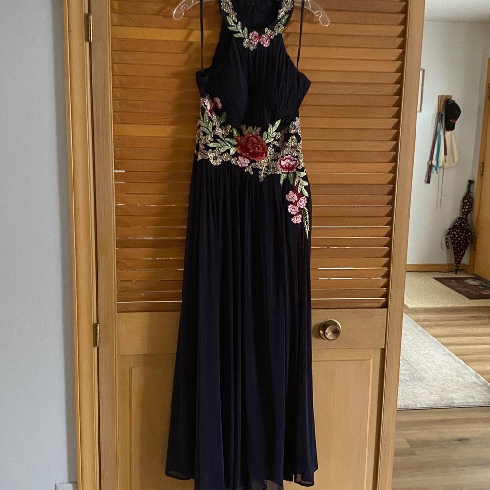 Betsy & Adam Navy Floral Embroidered Prom Dress or mother of the bride dress